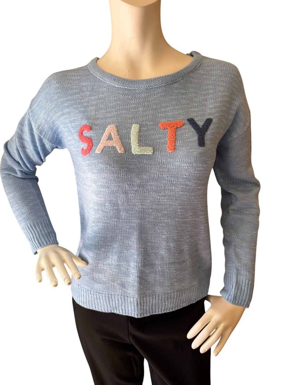 Mia & Tess Light Blue SALTY Crewneck Long-Sleeve Lightweight Sweater, XS